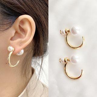 925 Sterling Silver Faux Pearl Hoop Earring 1 Pair - 925 Silver Stud - Hoop & Faux Pearl - Gold - One Size
