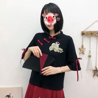 Elbow-sleeve Frog-button Embroidered T-shirt