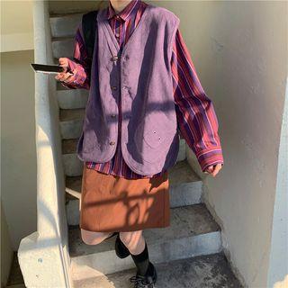 Single Breasted Vest / Striped Shirt / A-line Skirt