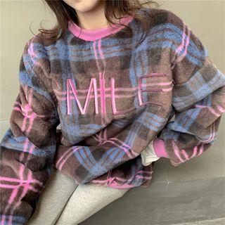 Lettering Plaid Sweatshirt Plaid - Purple - One Size