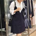 Set: V-neck Long-sleeve Shirt + Pinstriped Pinafore Dress