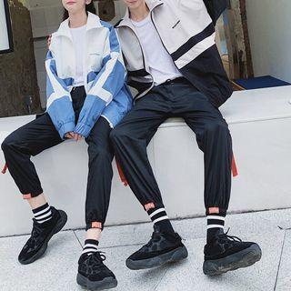 Couple Matching Color Block Zip Jacket / Harem Cargo Pants