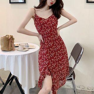 Spaghetti Strap Floral Chiffon Dress Wine Red - One Size