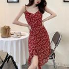 Spaghetti Strap Floral Chiffon Dress Wine Red - One Size