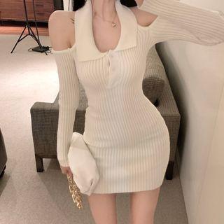 Off Shoulder Plain Striped Knit Mini Dress
