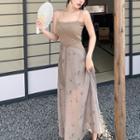 Spaghetti Strap Floral Maxi A-line Dress / Long-sleeve Crop Top