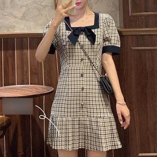 Puff-sleeve Plaid Square-neck A-line Mini Dress