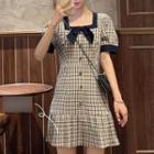 Puff-sleeve Plaid Square-neck A-line Mini Dress