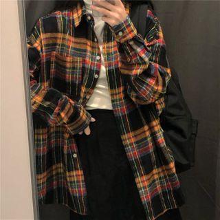 Plaid Shirt Jacket Plaid - Orange & Black & Red - One Size