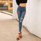 Flower Embroidered Skinny Cropped Jeans