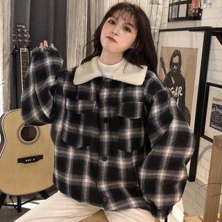 Faux Shearling Lined Plaid Buttoned Jacket Navy Blue - One Size