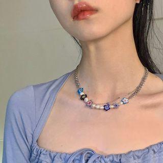 Floral Beaded Layered Necklace Silver - One Size