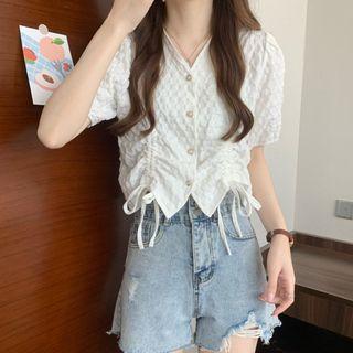 Short-sleeve Drawstring Faux Pearl Blouse