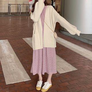 Long-sleeve Floral Print Midi A-line Dress / Open-front Cardigan
