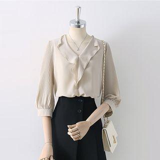 Elbow-sleeve V-neck Ruffled Chiffon Blouse