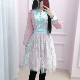 Long-sleeve Mesh Overlay A-line Mini Dress