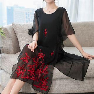 Cap-sleeve Floral Embroidered Midi A-line Dress