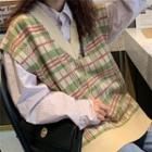 Plaid Knit Vest / Long-sleeve Striped Shirt