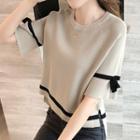Contrast Trim Bow Short-sleeve Knit Top