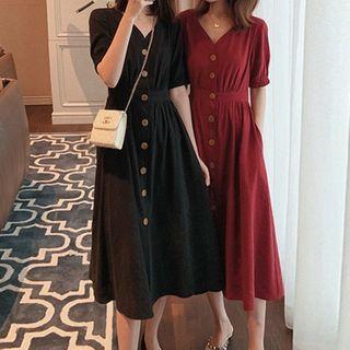 Short-sleeve Buttoned V-neck A-line Midi Dress