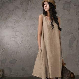 Buttoned Linen A-line Midi Tank Dress