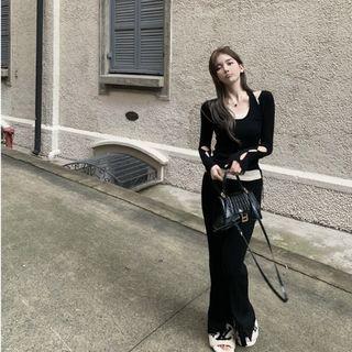 Mock Two-piece Long-sleeve Cutout T-shirt / Slit-hem Bootcut Pants