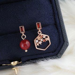 Non-matching Rhinestone Alloy Hexagon Bead Dangle Earring 1 Pair - As Shown In Figure - One Size