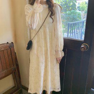 Puff-sleeve A-line Lace Dress Almond - One Size