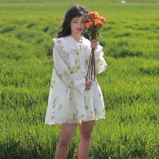 Long-sleeve Wide Collar Floral Print Smock Dress