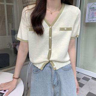 Short-sleeve Contrast Trim Lightweight Cardigan