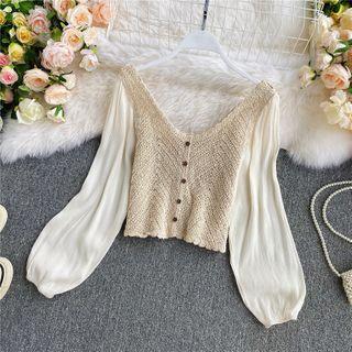 Crochet-knit Panel Puff Long-sleeve Blouse