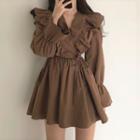 V-neck Ruffle Trim Tie-waist Mini A-line Dress