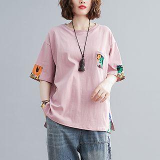 Elbow-sleeve Floral Print Panel T-shirt