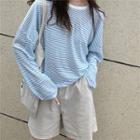 Long-sleeve Striped T-shirt / Plain Shorts With Belt