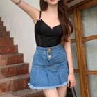 Bow Mesh Panel Camisole Top / Denim Mini A-line Skirt