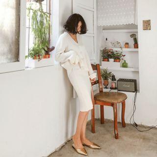 Set: V-neck Ribbed Cardigan + Band-waist Midi Skirt