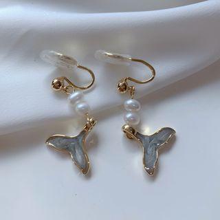 Faux Pearl Fish Tail Drop Earring / Clip-on Earring