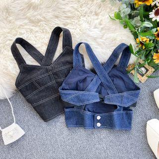 Wide Strap Cross-back Denim Top