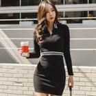 Contrast-trim Collared Mini Sheath Knit Dress Black - One Size