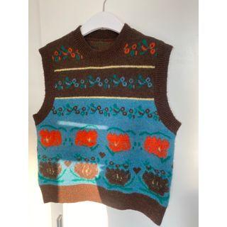 Flower Print Sweater Vest Vest - Blue & Black - One Size