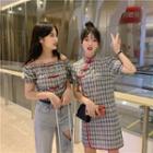 Traditional Chinese Short-sleeve Plaid Mini Dress / Frog Buttoned Top