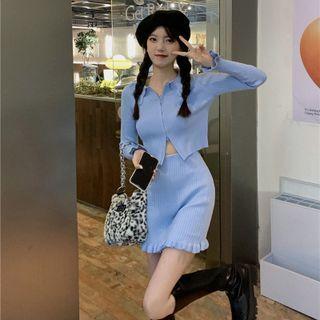 Zipped Collared Cardigan / Ruffle Hem Mini Pencil Skirt