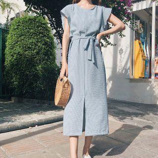 Short-sleeve Tie-waist Midi Shift Dress