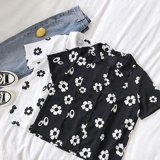 Picture Printed Single-breasted Chiffon Short-sleeve Blouse