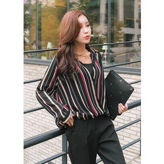 Long-sleeve Gathered-hem Wrap-front Stripe Blouse