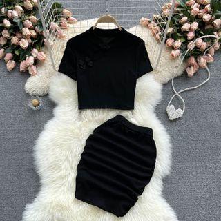 Set: Short-sleeve Top + Pencil Skirt Set - Top - Black - One Size / Pencil Skirt - Black - One Size