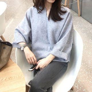 Set: Notch-neck Sweater + Cropped Straight-cut Pants