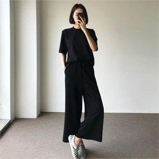 Set: Crew-neck Elbow-sleeve Top + Drawstring Wide-leg Pants