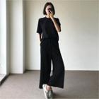 Set: Crew-neck Elbow-sleeve Top + Drawstring Wide-leg Pants