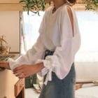 Tie-cuff Long-sleeve Cold-shoulder T-shirt White - One Size